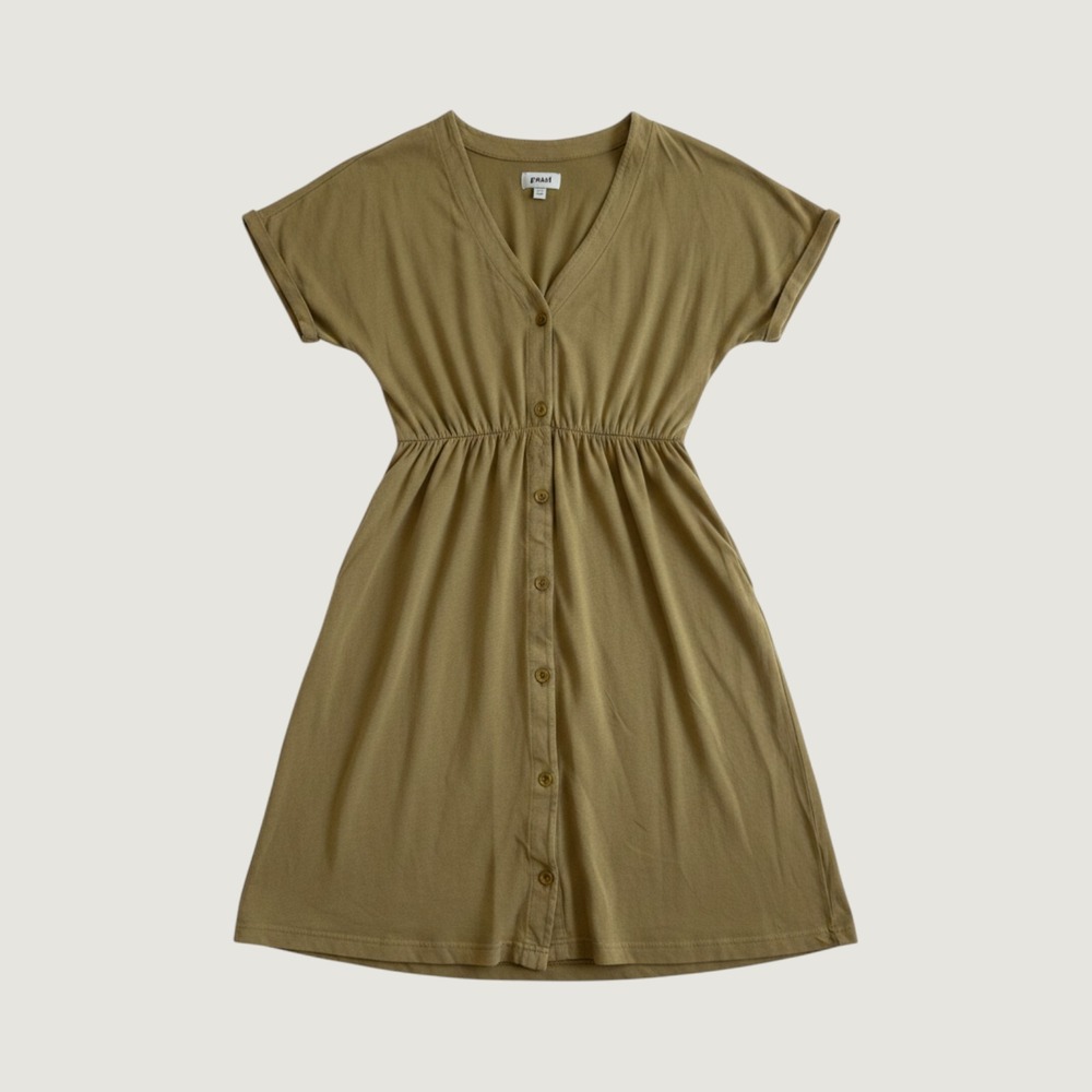 Pact Organic Cotton Linen Slub Fit and Flare Dress Olive Mustard S Short Sleeve